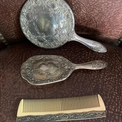 Vintage Ornate Silver Plated 3 Piece Comb Brush Mirror Vanity Dresser Set