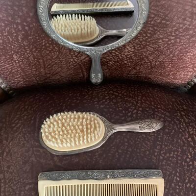 Vintage Ornate Silver Plated 3 Piece Comb Brush Mirror Vanity Dresser Set