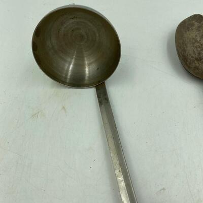 Serving spoons and brass tongs