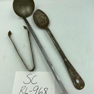 Serving spoons and brass tongs