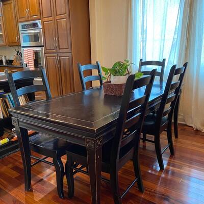 Large all-wood black distressed dining room table w/5 ladder-back chairs