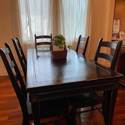Large all-wood black distressed dining room table w/5 ladder-back chairs