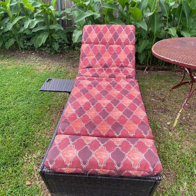 Pair of wicker patio lounge chairs with cushions, adjustable