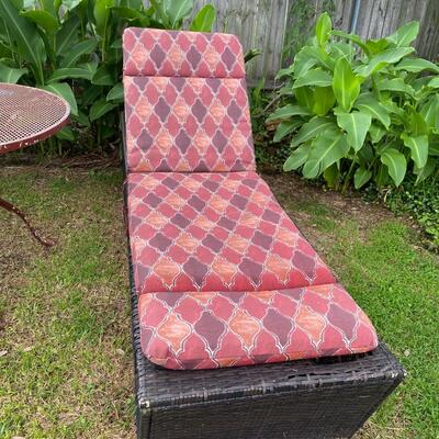 Pair of wicker patio lounge chairs with cushions, adjustable