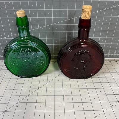 2 Glass Bottles Andrew Johnson and John Adams