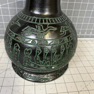 Large Black Tribal Motif Vase, Like Chalkware