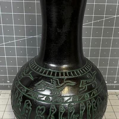 Large Black Tribal Motif Vase, Like Chalkware