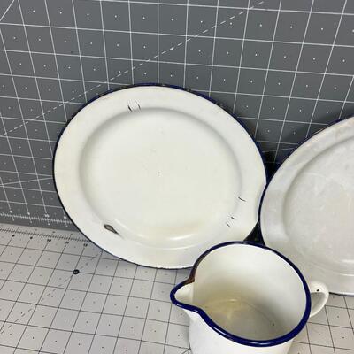 Vintage Enamel Ware (3), 2- plates and a Pitcher 