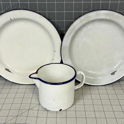 Vintage Enamel Ware (3), 2- plates and a Pitcher 
