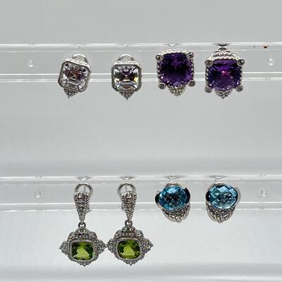 LOT 56: Judith Ripka Sterling Silver & CZ Pierced Earrings - Amethyst, Peridot, Blue Topaz and Crystal
