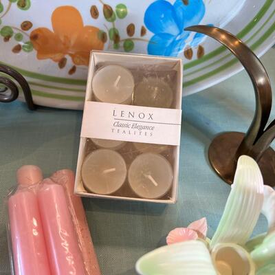 Fritz and Flyod orchid Candle holders, Shell dishes, Lenox candles