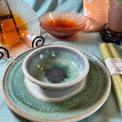 Denby Cups, Large Green ceramic bowl and large rectangular floral holder.