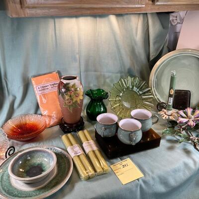 Denby Cups, Large Green ceramic bowl and large rectangular floral holder.