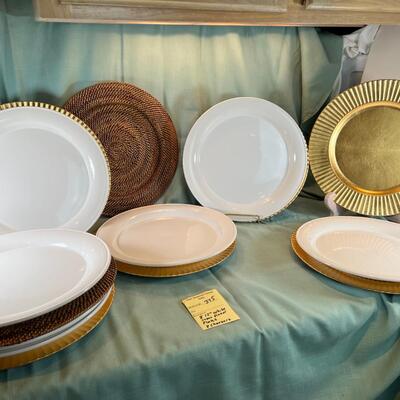 White Nancy Calhoun Japanese Dinner Plates and 6 gold Lenox Chargers
