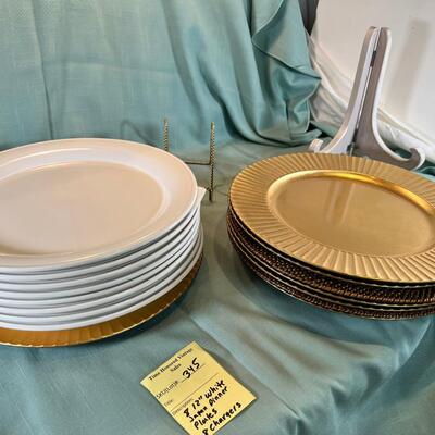 White Nancy Calhoun Japanese Dinner Plates and 6 gold Lenox Chargers