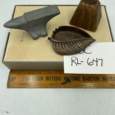 Small anvil, brass bell and leaf bowl