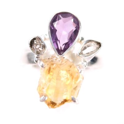 2 PC Sterling Citrine & Amethyst Pendant & Ring, Size 8.25