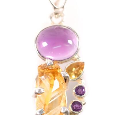 2 PC Sterling Citrine & Amethyst Pendant & Ring, Size 8.25