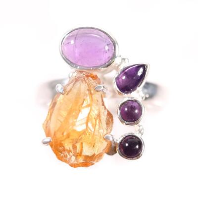 Sterling Citrine, Iolite & Amethyst Ring, Size 8.25