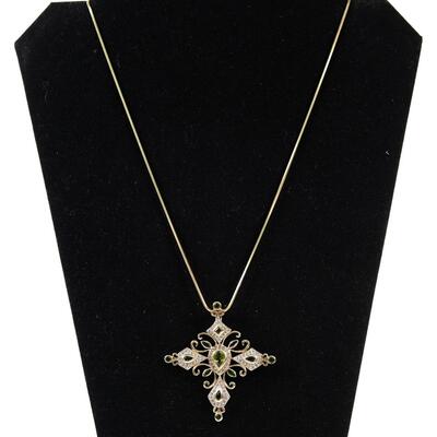 Sterling Gold Tone Emerald Cross Pendant Necklace