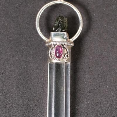 Sterling Moldavite, Amethyst & Quartz Point Pendant