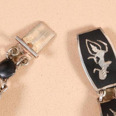 Vintage Siam Sterling Black Enameled Goddess Link Bracelet