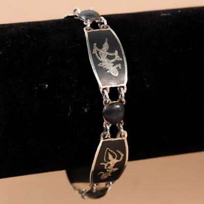 Vintage Siam Sterling Black Enameled Goddess Link Bracelet