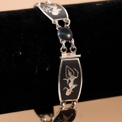 Vintage Siam Sterling Black Enameled Goddess Link Bracelet