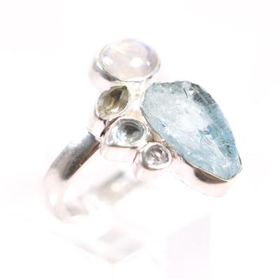Sterling Topaz, Aqua & Moonstone Ring, Size 7