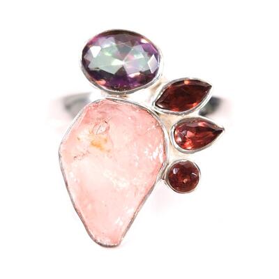 Sterling Pink Quartz, Garnet & Tourmaline Ring, Size 8.25