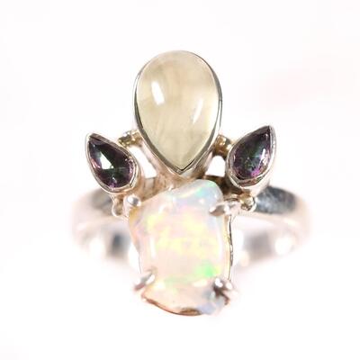 Sterling Opal & Tourmaline Ring, Size 9.5