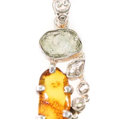 2 PC Sterling Amber & Moldavite Pendant & Ring, Size 9.5