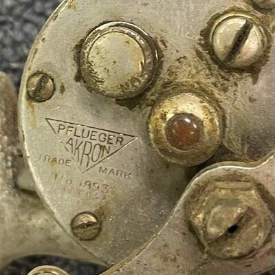 Vtg Pflueger Akron model 1893 fishing reel and metal rod