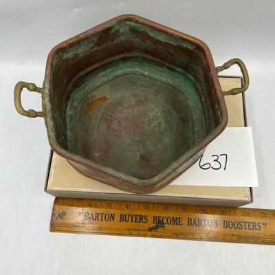 Vintage hammered copper pot with brass handles
