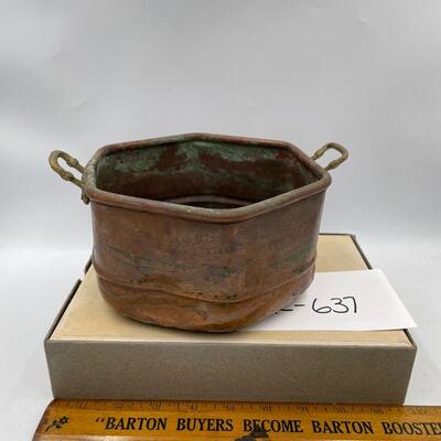 Vintage hammered copper pot with brass handles