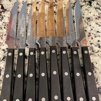 J.A. HENCKELS INTERNATIONAL SET OF 8 STEAK KNIVES , 6 kitchen knives and knife block