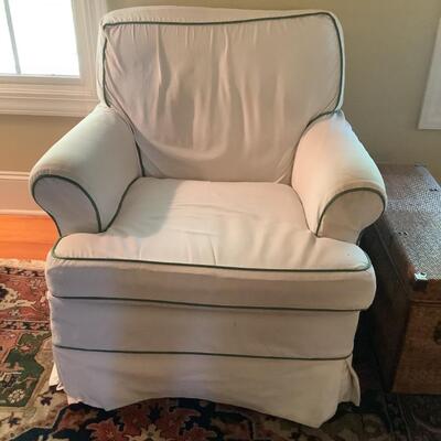 Striped reupholstered chair with cover if desired