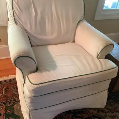 Striped reupholstered chair with cover if desired