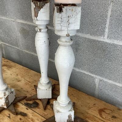 Reimagined candlesticks, wooden posts, metal stars from hurricane rods