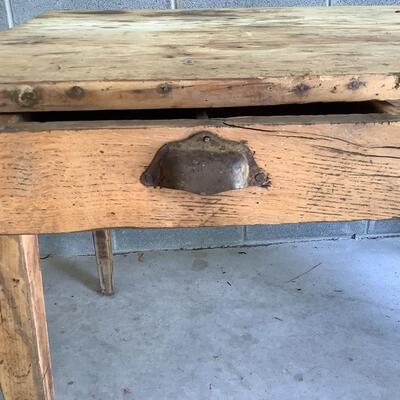 Vintage wooden table, 2 drawers, metal pulls, dowel joints, sturdy