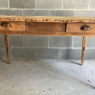 Vintage wooden table, 2 drawers, metal pulls, dowel joints, sturdy