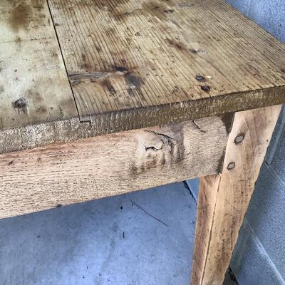 Vintage wooden table, 2 drawers, metal pulls, dowel joints, sturdy