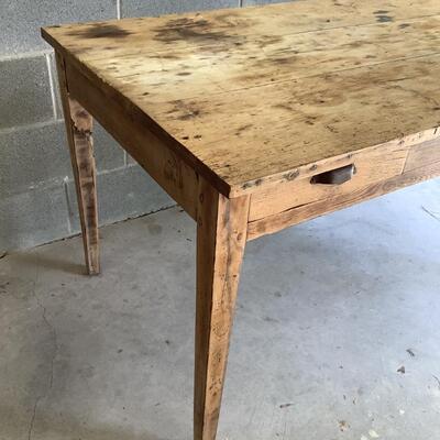 Vintage wooden table, 2 drawers, metal pulls, dowel joints, sturdy