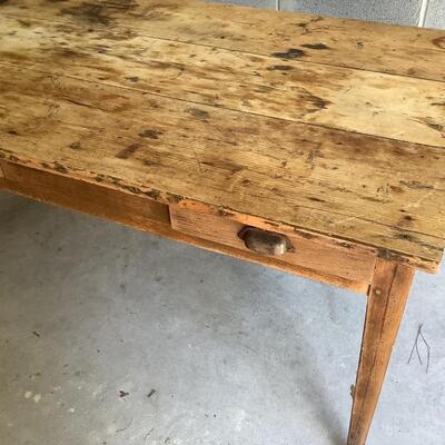 Vintage wooden table, 2 drawers, metal pulls, dowel joints, sturdy