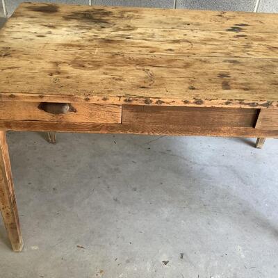 Vintage wooden table, 2 drawers, metal pulls, dowel joints, sturdy