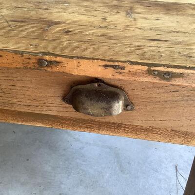 Vintage wooden table, 2 drawers, metal pulls, dowel joints, sturdy