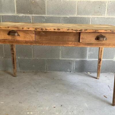Vintage wooden table, 2 drawers, metal pulls, dowel joints, sturdy