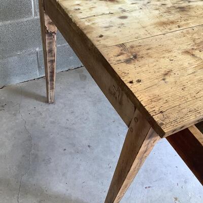 Vintage wooden table, 2 drawers, metal pulls, dowel joints, sturdy