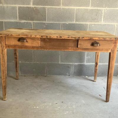 Vintage wooden table, 2 drawers, metal pulls, dowel joints, sturdy