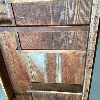 Vintage wooden table, 2 drawers, metal pulls, dowel joints, sturdy